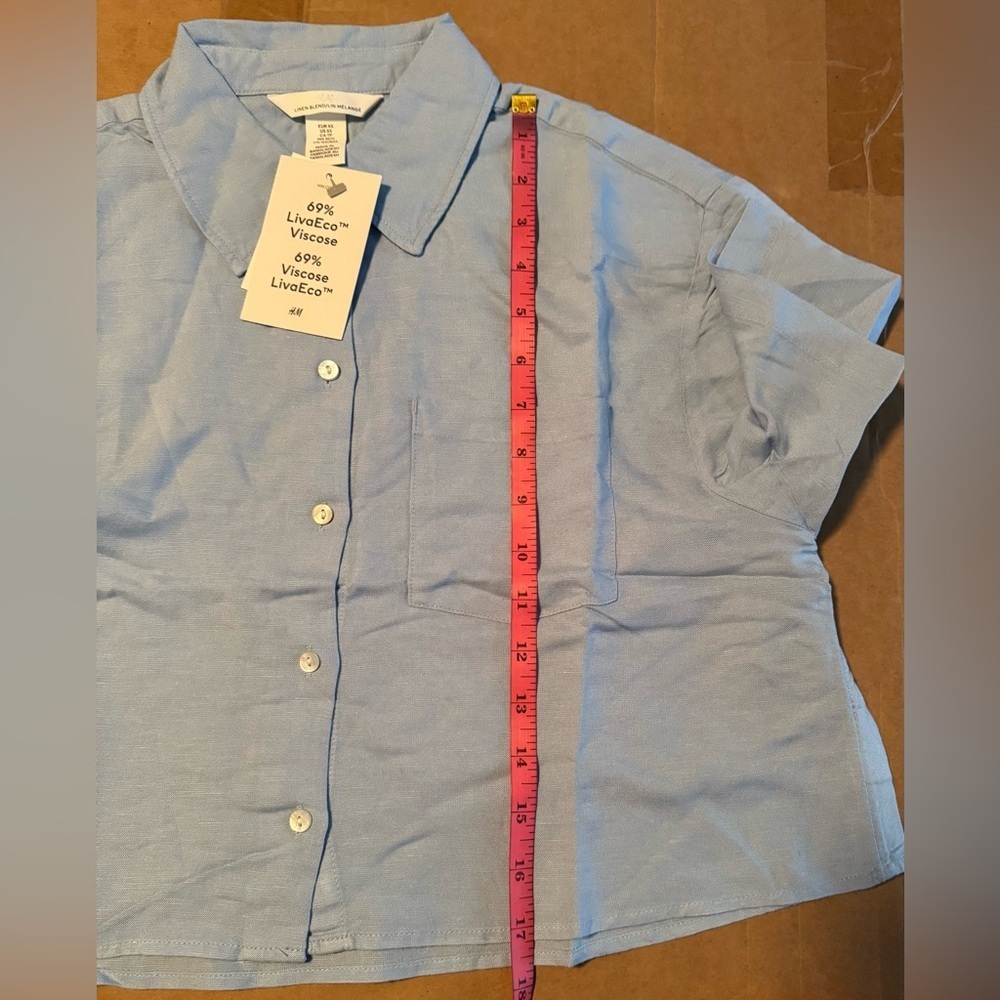 H&M Light Blue Cropped oversized LINEN-BLEND SHIRT - Picture 6 of 8